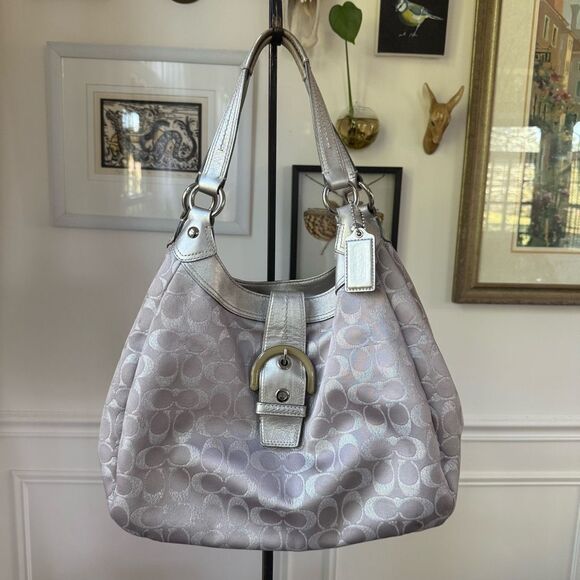 Coach Soho Sig Metallic Large Hobo Shoulder Bag Purse Silver Light Grey Monogram - Picture 1 of 12